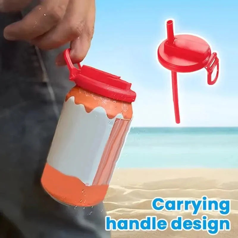 Reusable soda can lid with straw for spill-free drinking, fits all standard cans