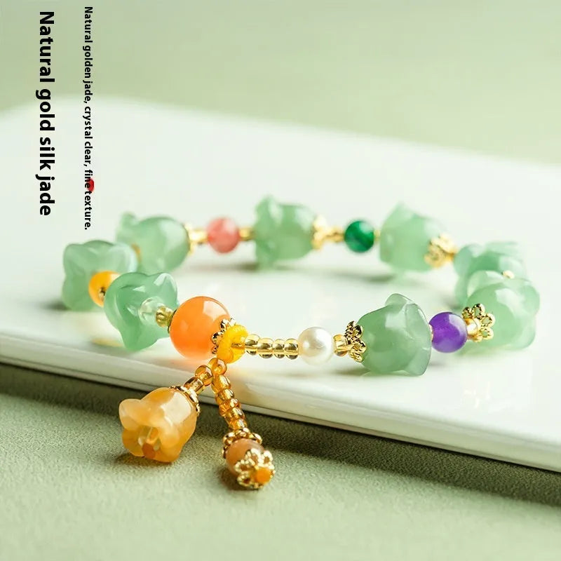 Natural Xinjiang jade bracelet with hand-carved orchid beads for women's wrists 14-18cm