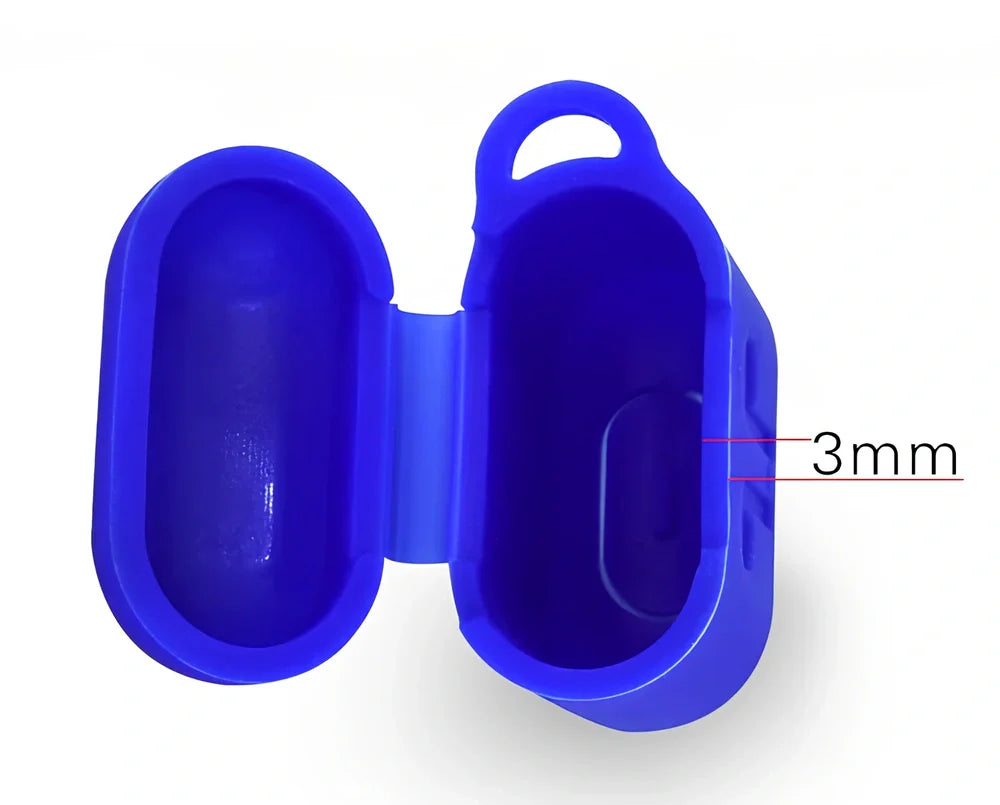 Black silicone protective cover for AirPods with 10cm anti-loss rope, hanging buckle, and earplug sleeves, weighing 36g total