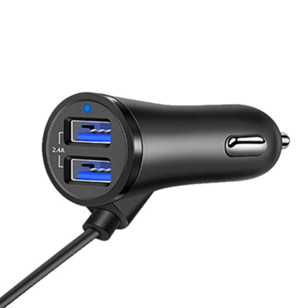 Black 36W fast charge car charger with QC3.0 and dual USB-A ports, blue LED light indicator