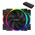 Three black 120mm RGB PC case fans with illuminated blades and hydraulic bearings