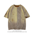 Men's grey loose-fit cotton blend short sleeve t-shirt with a distressed design on the front.