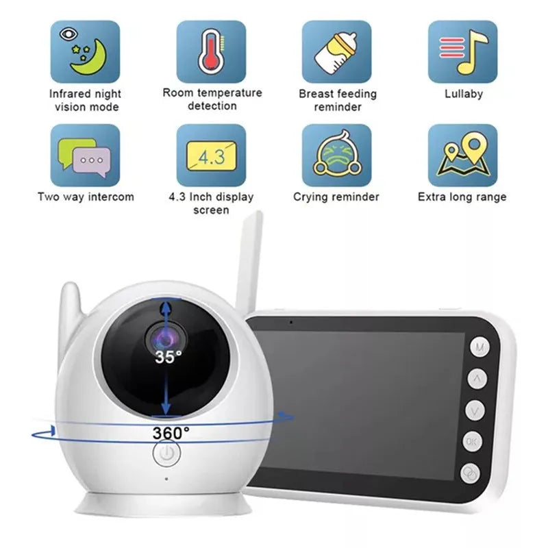 43 inch baby monitor with 4.3 inch LCD screen showing a baby in a cot
