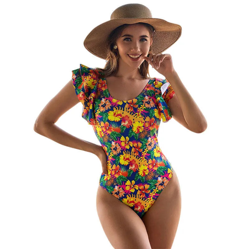 Women's one-piece swimsuit with U-shaped collar and lace detailing on polyester fabric