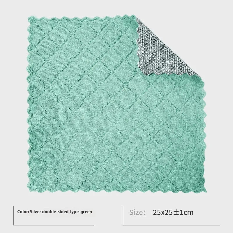 Silver wire and coloured microfiber kitchen cleaning cloths in 20x20cm and 25x25cm sizes for scrubbing pots.