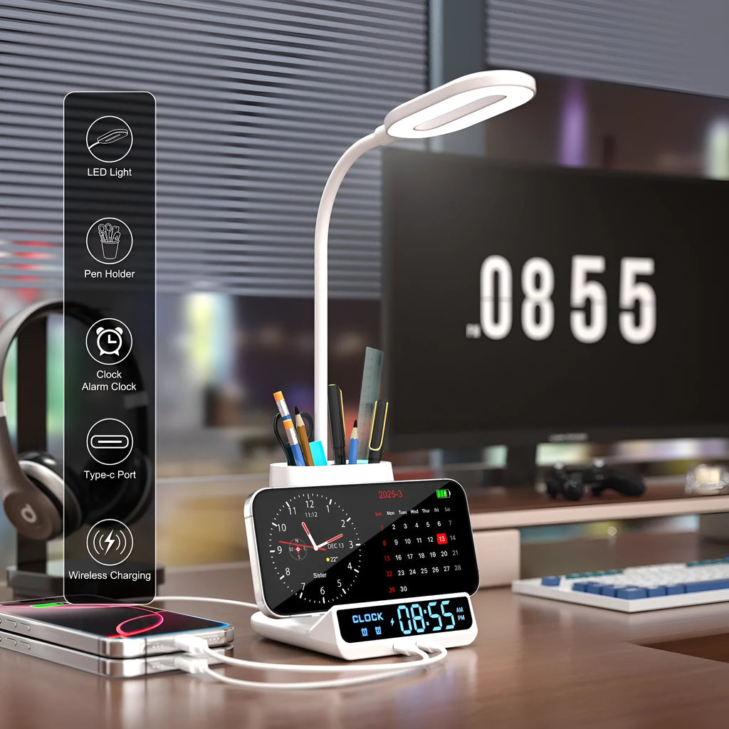 Modern desk lamp with integrated wireless charging pad and storage box for pens.
