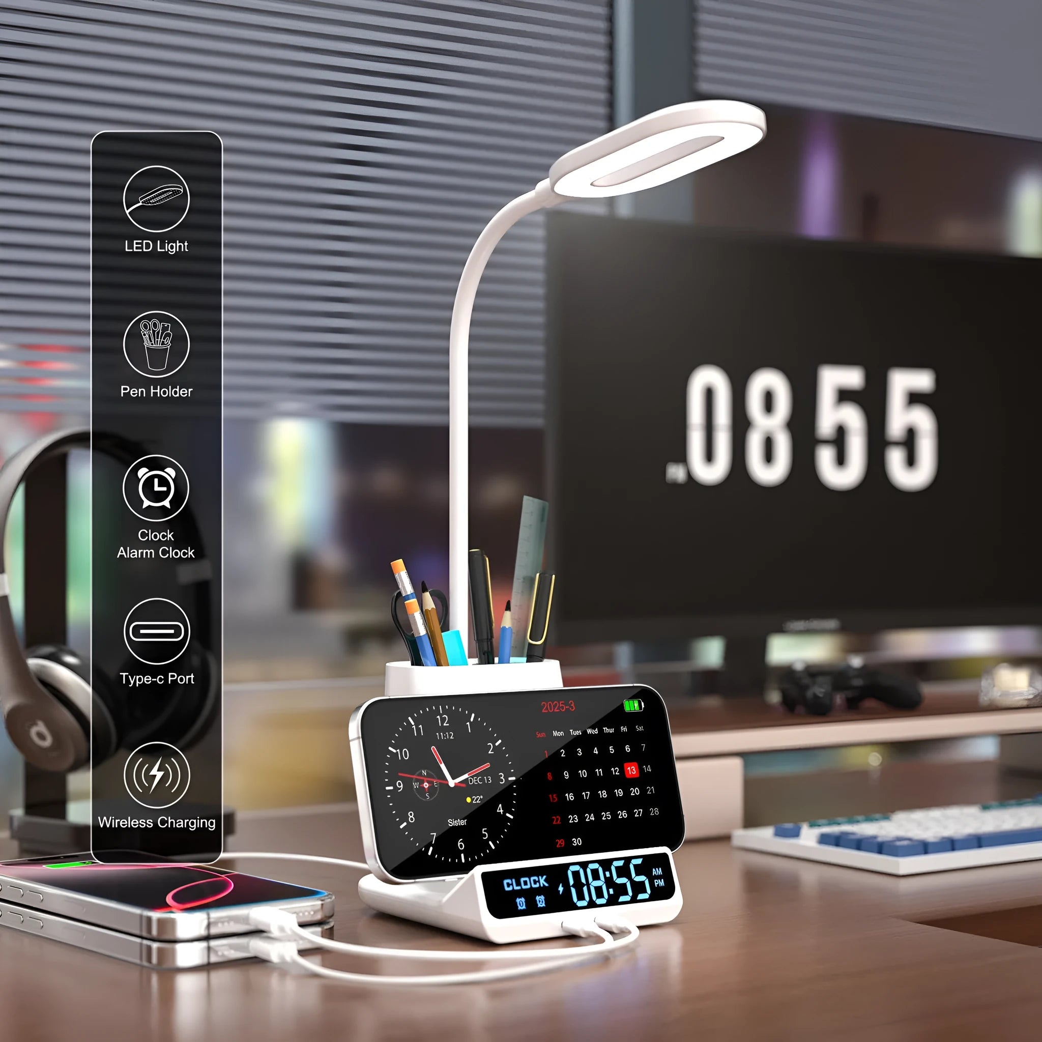 Modern desk lamp with integrated wireless charging pad and storage box for pens.