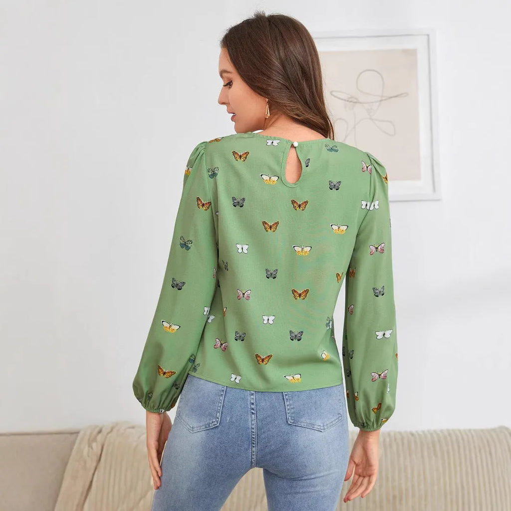 Women's green long-sleeved shirt with white butterfly print, loose fit