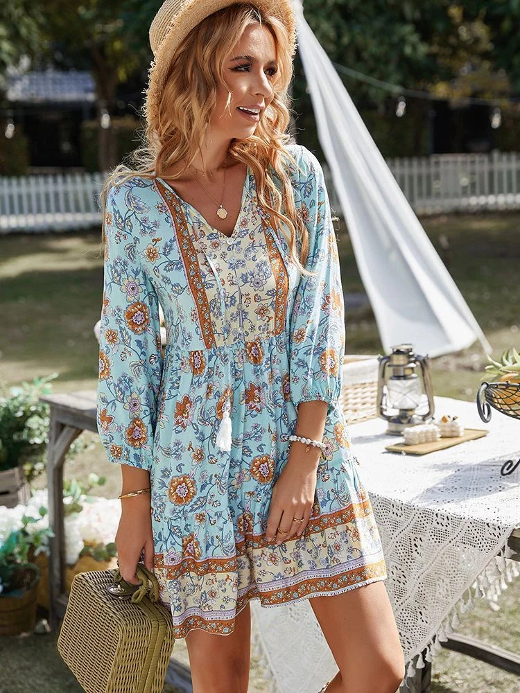 Boho print button V-neck long sleeve fringe dress in vibrant colours