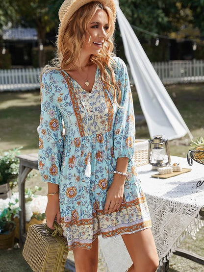 Boho print button V-neck long sleeve fringe dress in vibrant colours