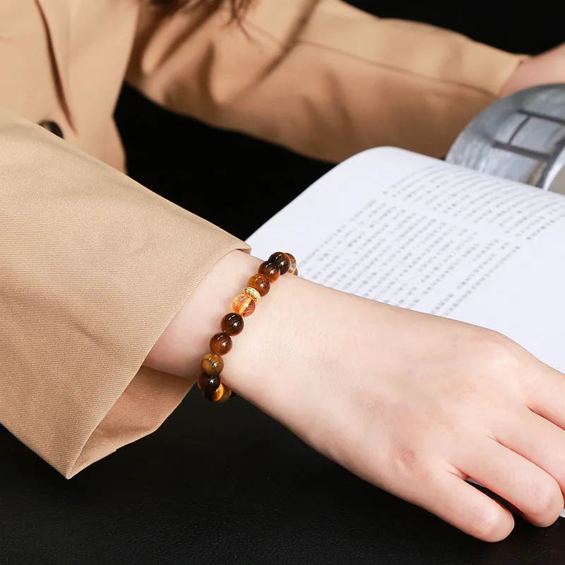 Natural yellow tiger eye stone and tower crystal bracelet with 8mm round beads in geometric design