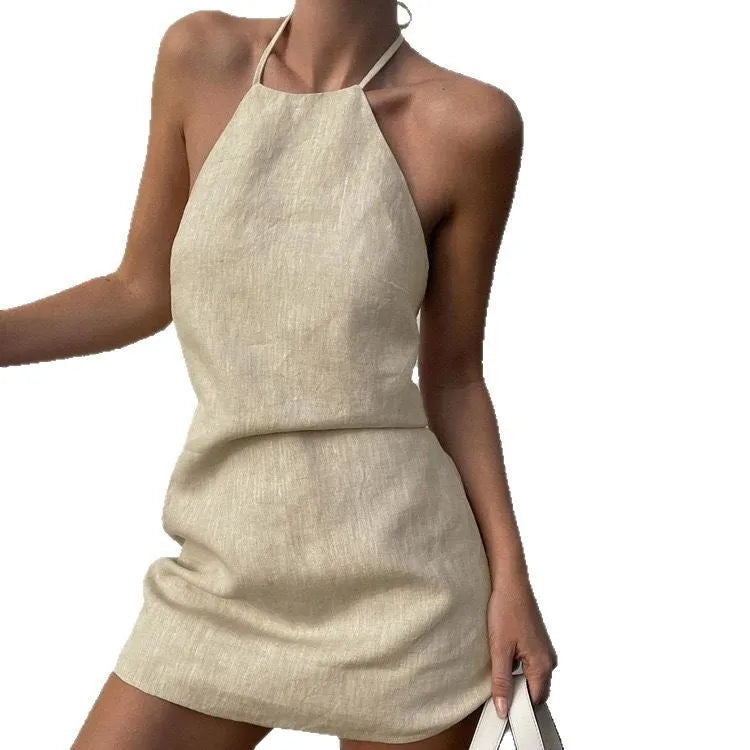 Women's solid colour linen A-line dress for summer in picture colour as shown