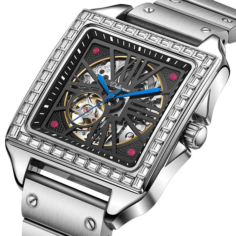 Men's square diamond-studded automatic watch on wrist, model 6066A.