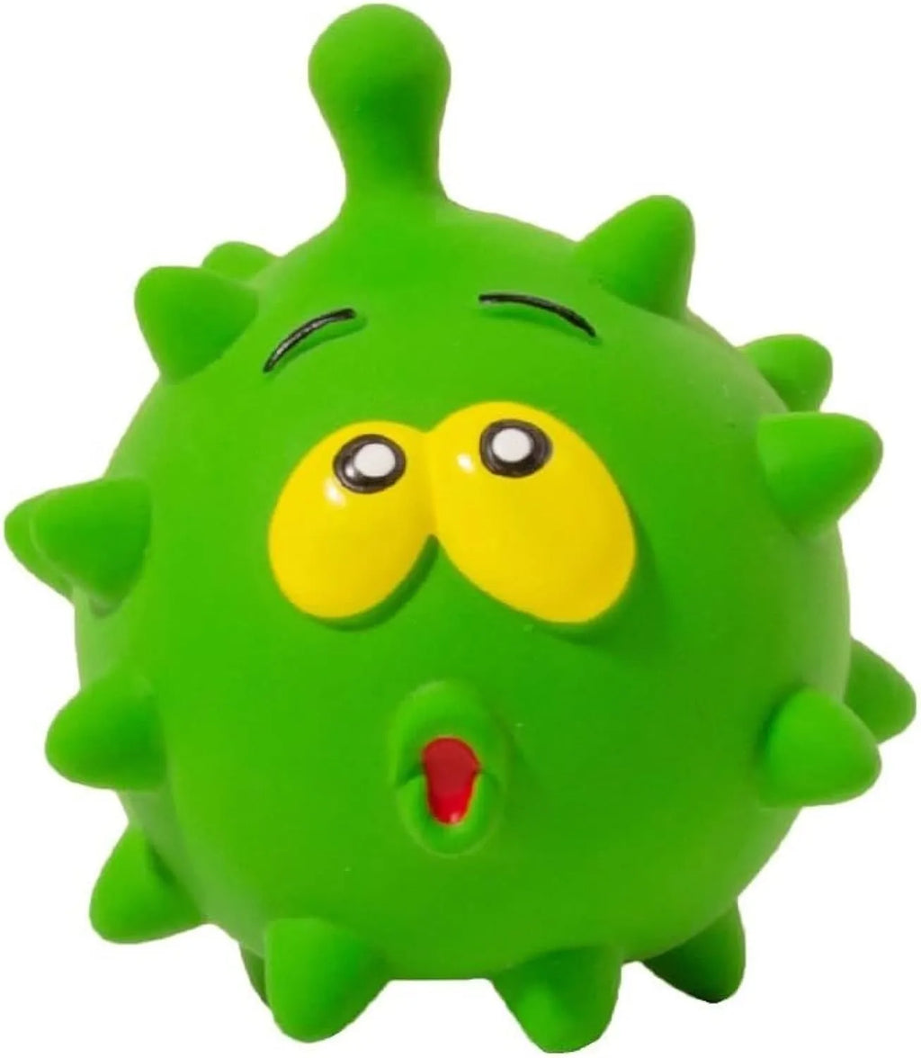 Colourful natural latex squeaky dog ball with cute face and textured surface for teeth cleaning.