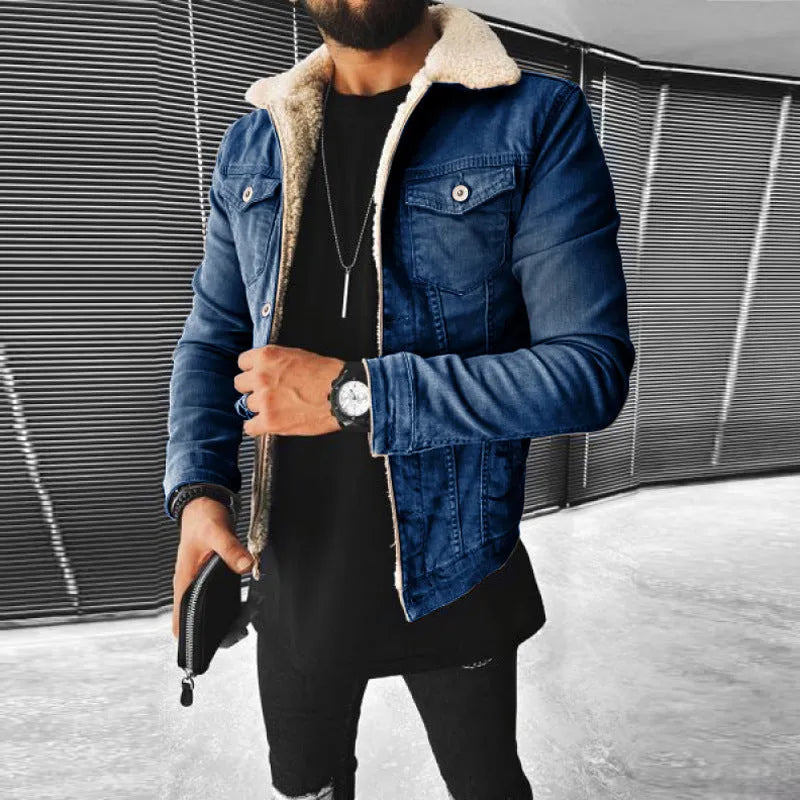Lamb wool thickening denim jacket for men, black, side seam pockets, regular fit, winter wear