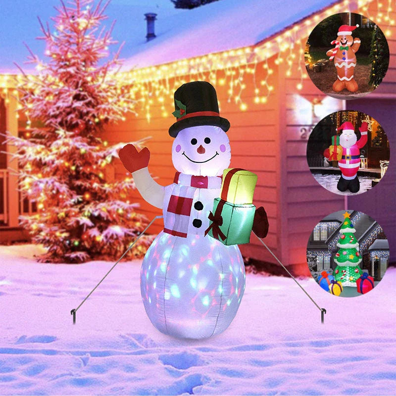 Illuminated Christmas inflatable decorations including Santa, snowman, and Christmas tree in a festive outdoor scene