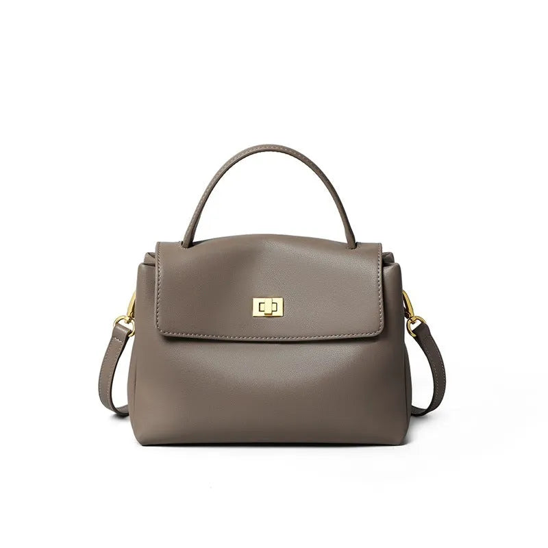High-grade genuine leather women's bag in Gray Viney with lock and horizontal square shape for commuting