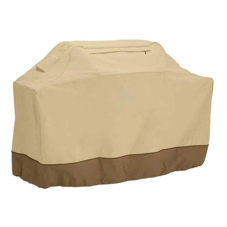 Beige polyester barbecue hood cover shown draped, illustrating its Nordic style and size for outdoor oven protection.