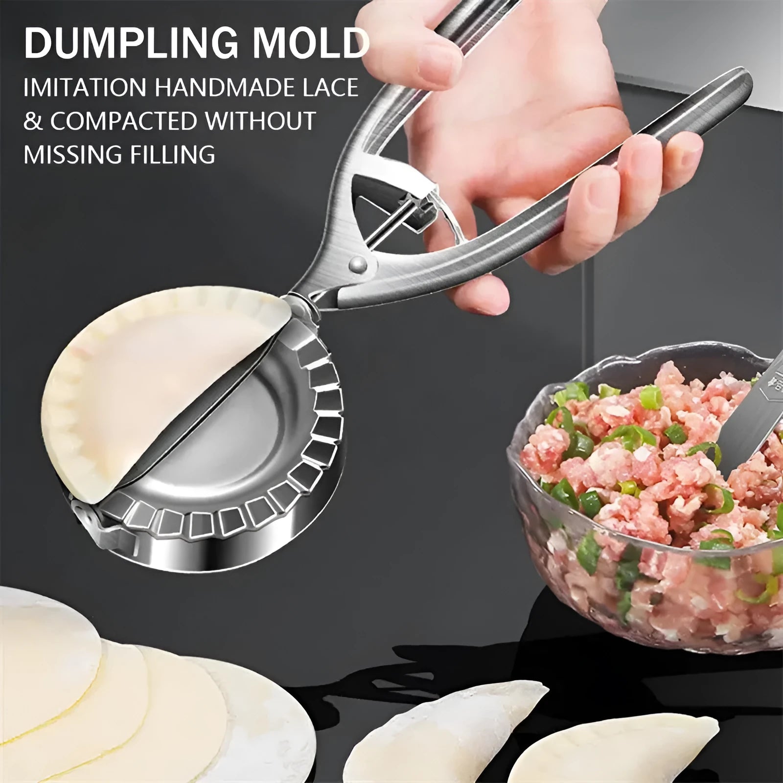 Silver stainless steel manual dumpling maker press for homemade dumplings and filled pastries