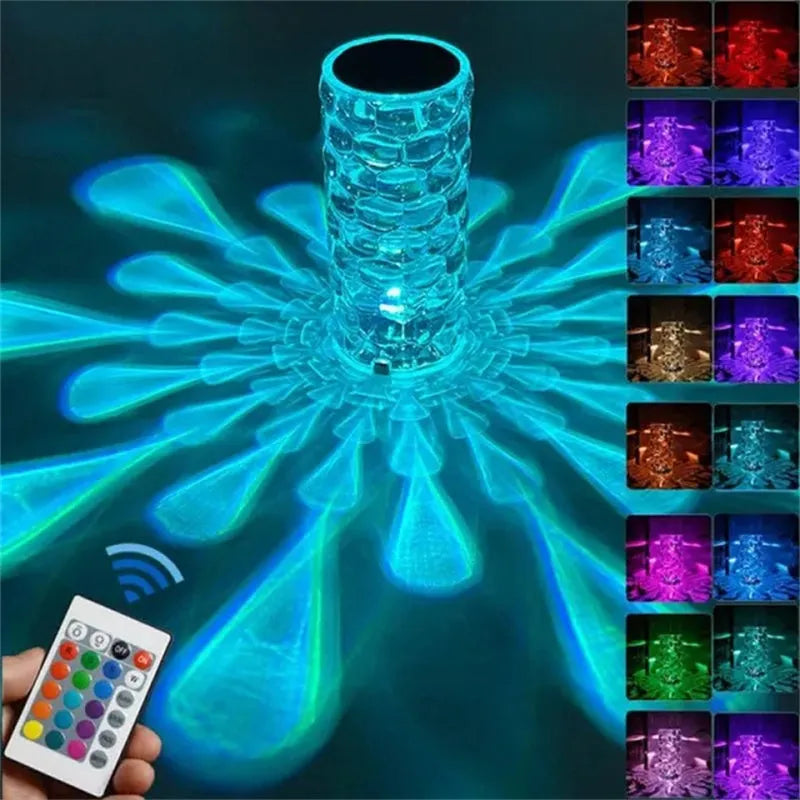 Crystal table lamp with teardrop acrylic shade showing droplet shadow effect on bedside table
