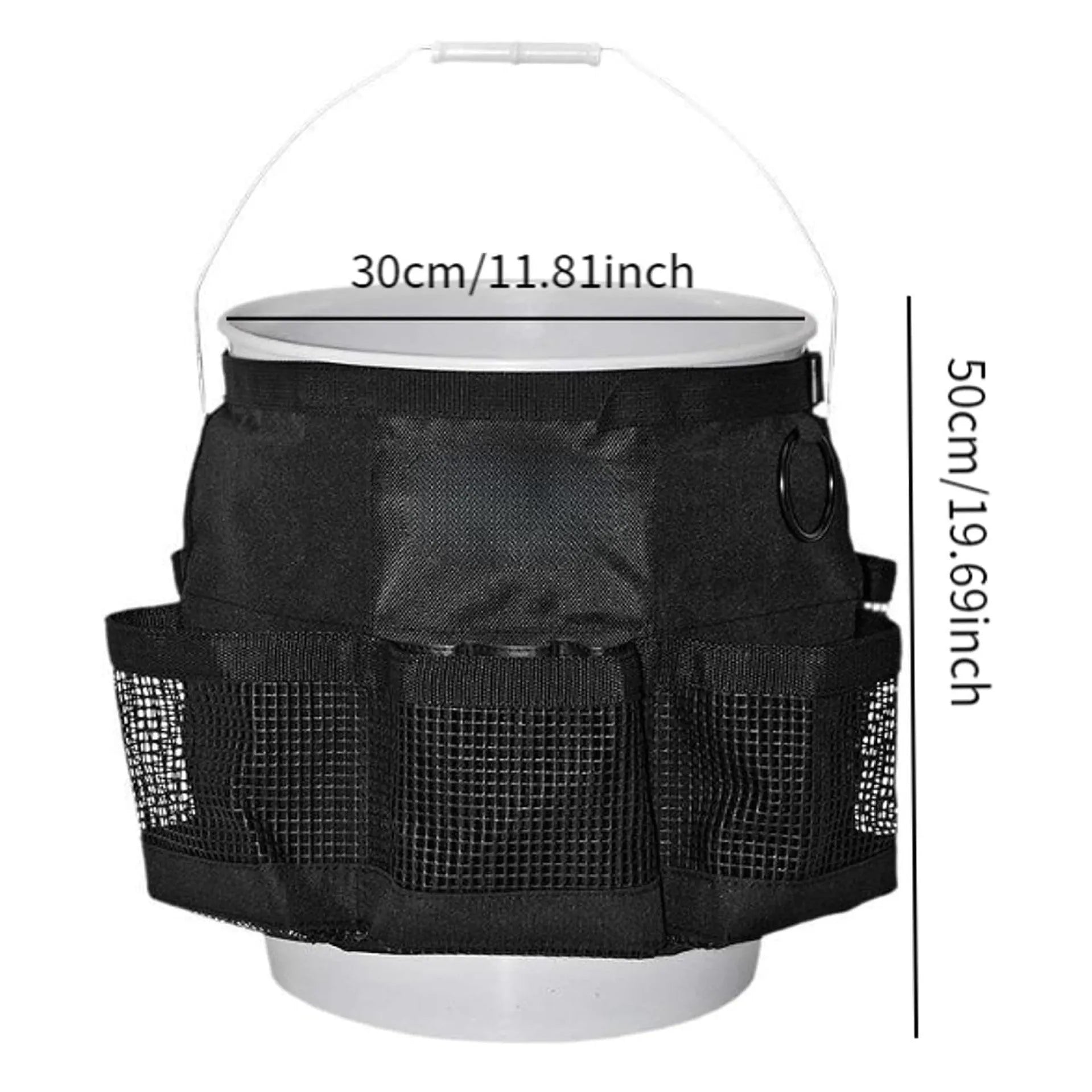 Black cylindrical polyester hanging storage bag designed to fit on a 5-gallon bucket for tool organisation.