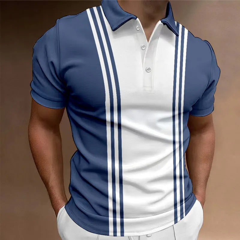 Men's loose fit casual t-shirt with three-button lapel on chest in blue colour