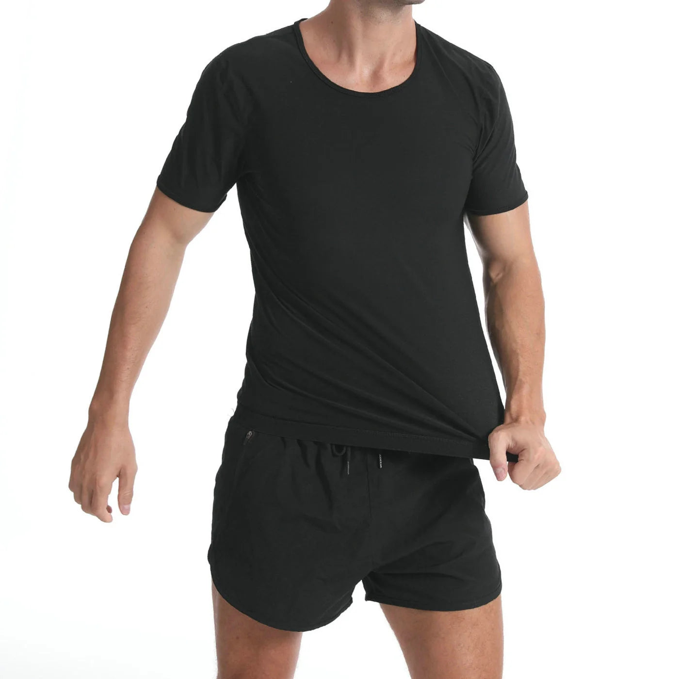 Men's solid black short sleeve sweatshirt made from 100% polyester