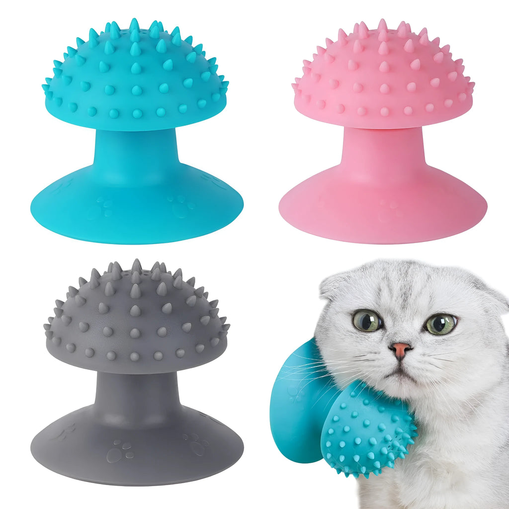 Blue cat self groomer mounted on wall with brush head and cat mint compartment