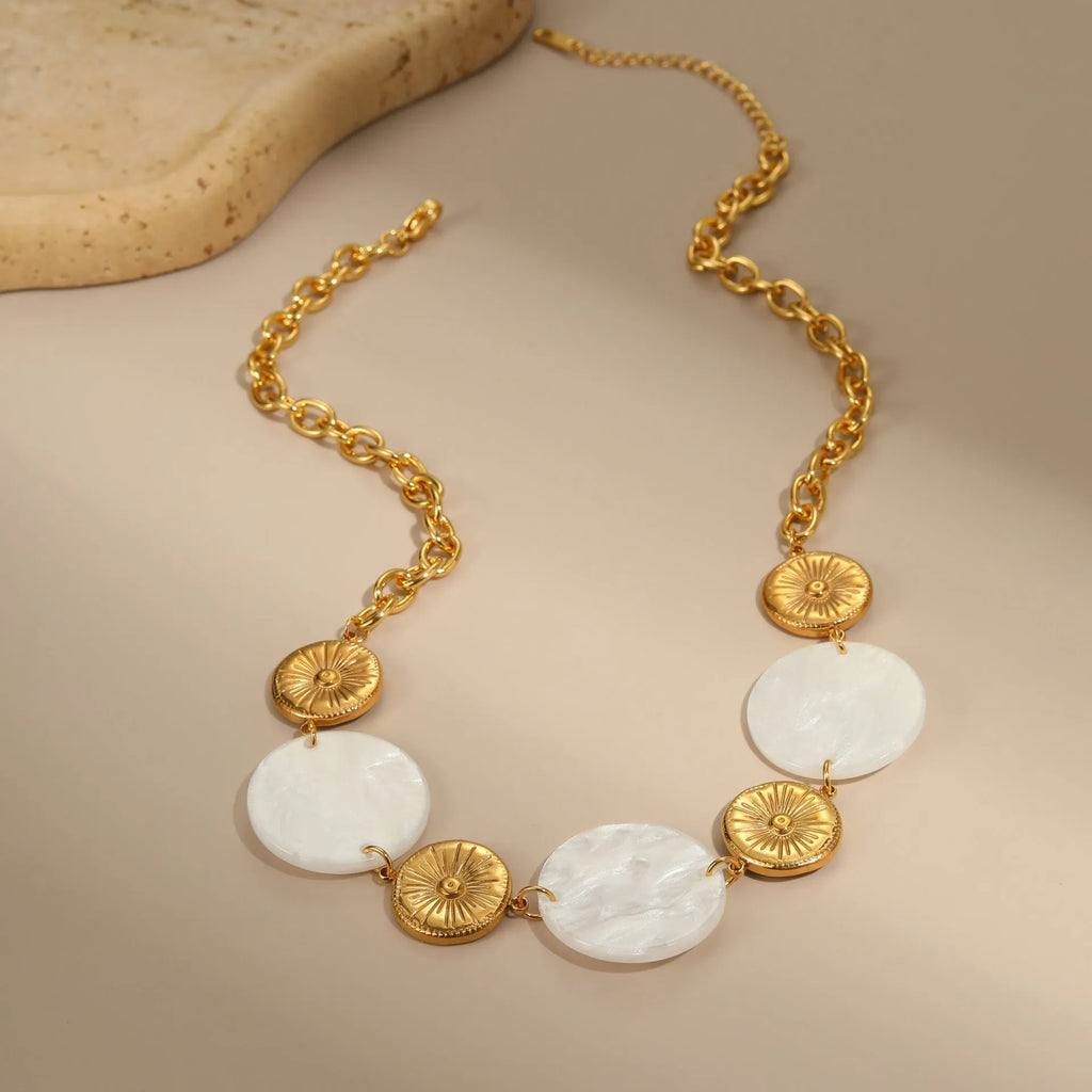 Round acrylic disc pendant necklace on stainless steel chain, pink colour, adjustable 41-50cm, women's fashion OL style