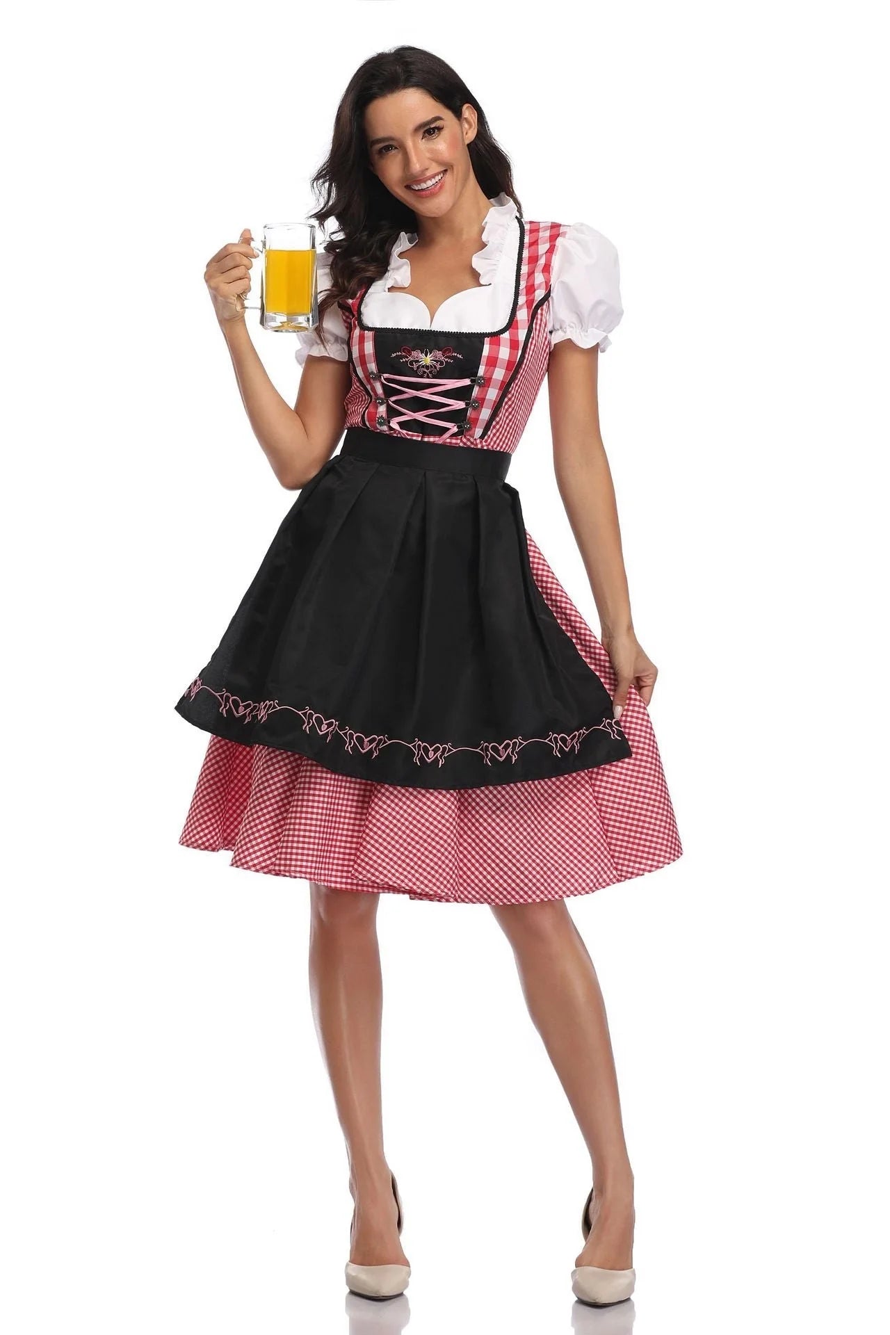 Women's Oktoberfest ethnic dress in red denim with apron and ribbon, sizes S to XXL