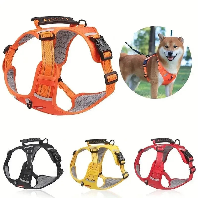 Polyester dog chest harness and lead in multiple colours and sizes for secure pet walking.