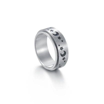 Stylish titanium steel rings with stars, moons, and unique textures for fashionable accessories