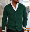Men's slim fit acrylic cardigan sweater coat in dark gray, showing front button detail and long sleeves.