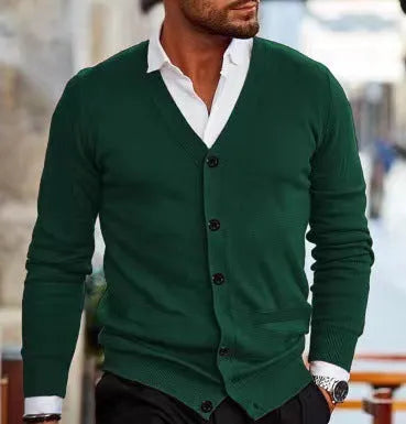 Men's slim fit acrylic cardigan sweater coat in dark gray, showing front button detail and long sleeves.