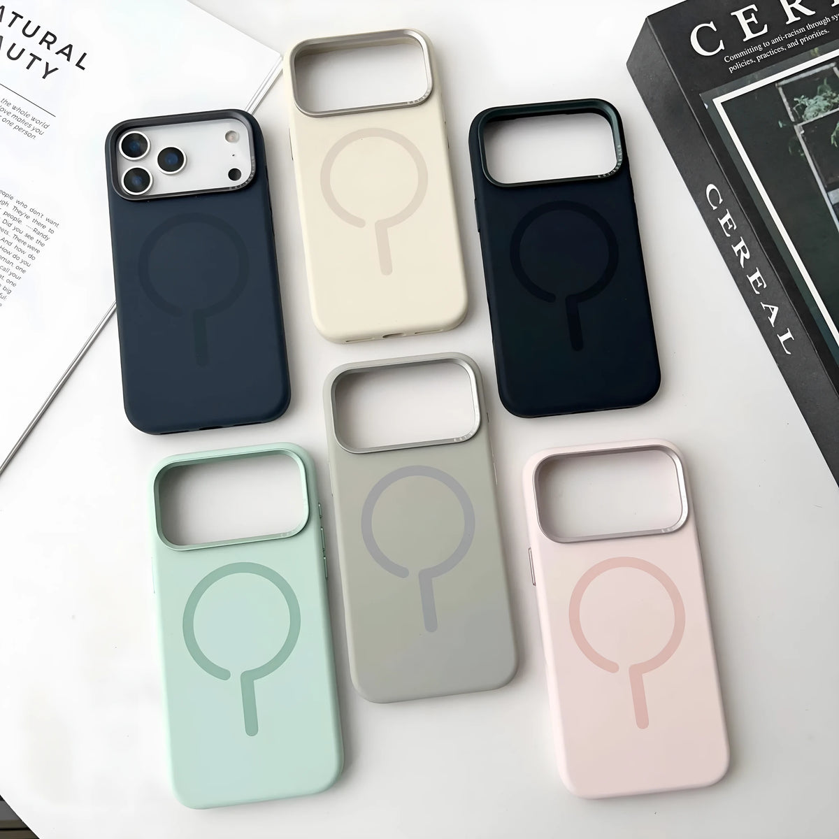Ultra-thin hard shell magnetic phone case for iPhone 17 series in simple ins style, available in six colours