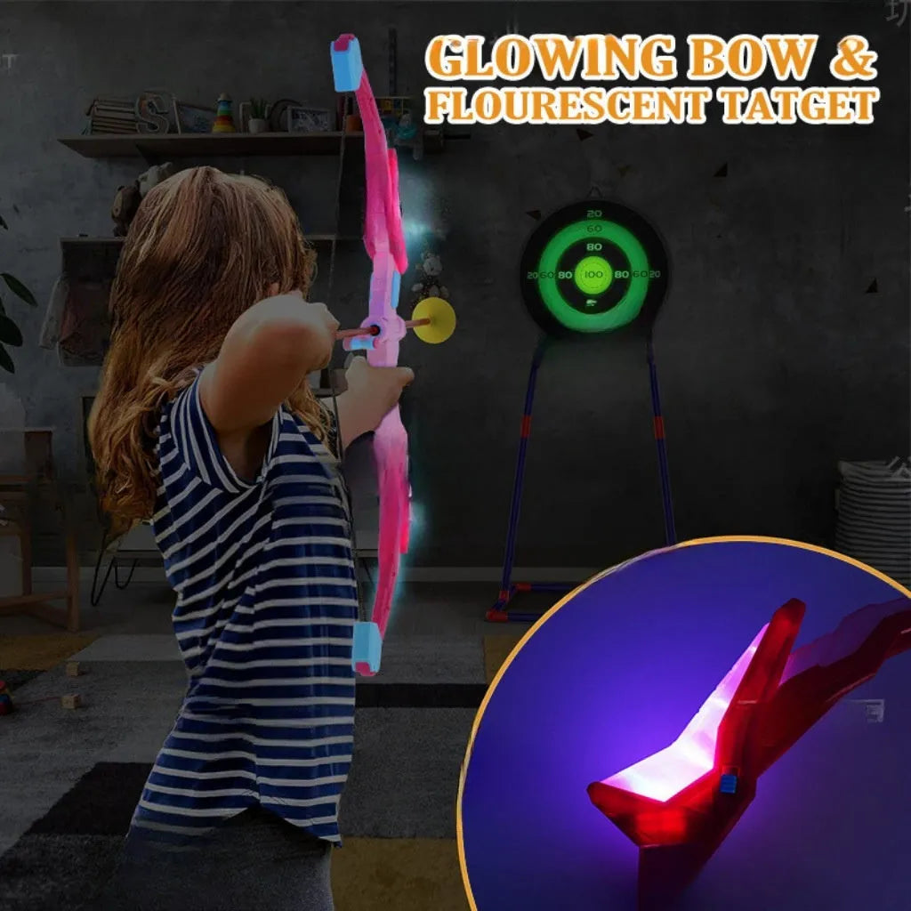 Children's bow and arrow set with green detachable bow and light-up arrows for outdoor target practice