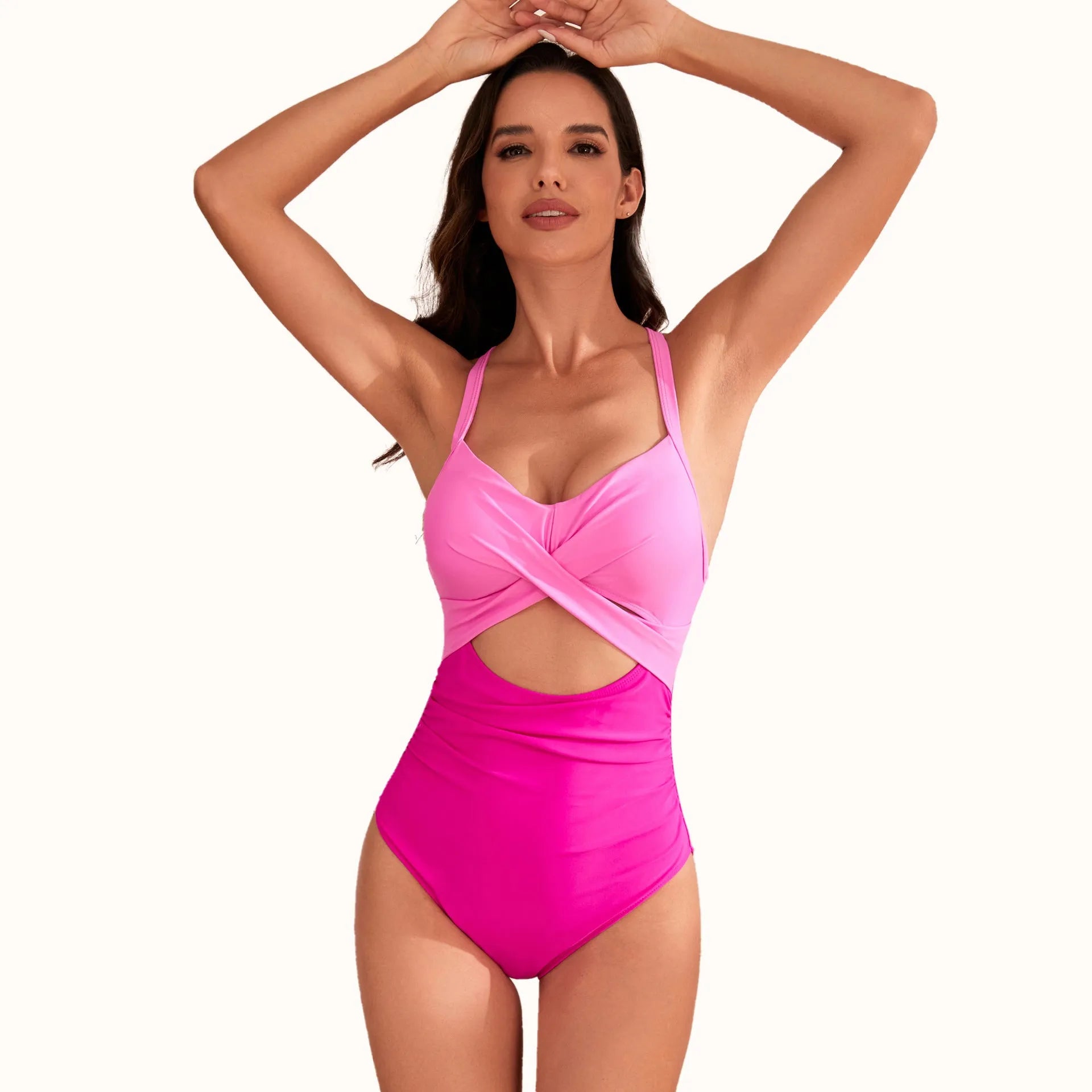 Women's solid colour high-waist one-piece swimsuit on a mannequin, showing the shaping silhouette.