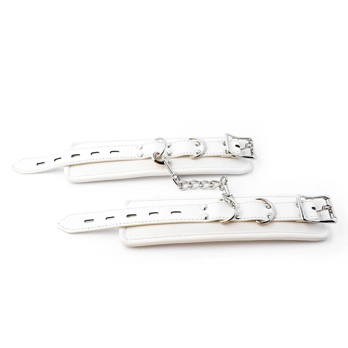 White PU sponge adult bondage set showing handcuffs, footcuffs, and a neck scarf.