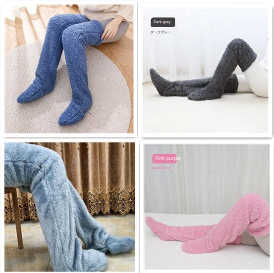 Cozy over-the-knee fuzzy socks in various colors, designed to keep your legs and knees warm during the winter season.