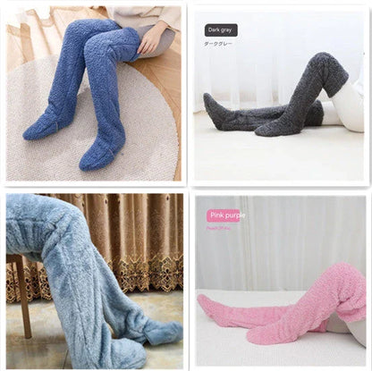 Over knee high fuzzy long socks in various colors for winter warmth