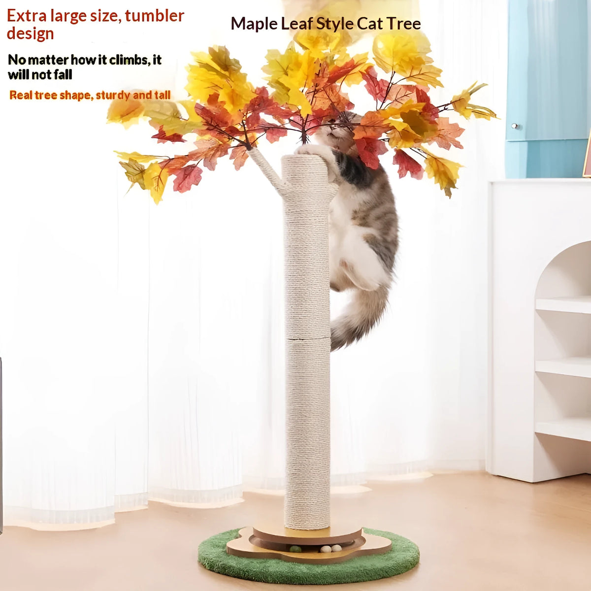 Sisal cat climbing frame maple leaf design with branches for claw scratching without debris