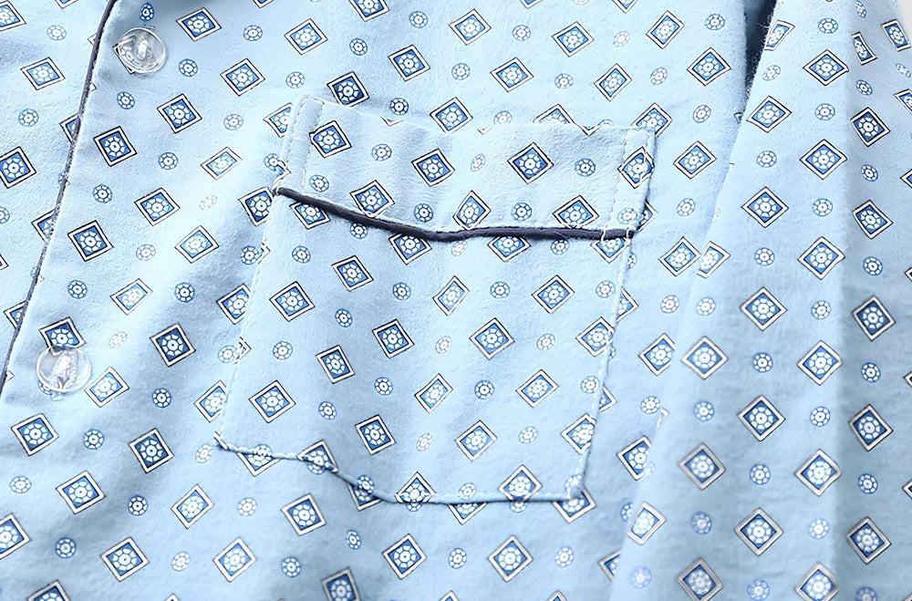 Men's brushed cotton long-sleeved lapel pajama set in blue grid pattern, size M with 72 cm top and 100 cm trousers