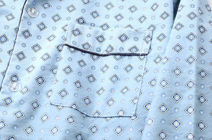 Men's brushed cotton long-sleeved lapel pajama set in blue grid pattern, size M with 72 cm top and 100 cm trousers