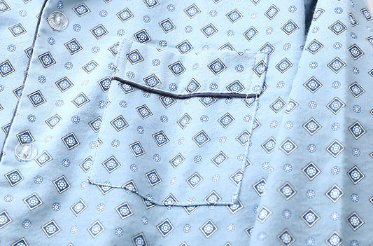 Men's brushed cotton long-sleeved lapel pajama set in blue grid pattern, size M with 72 cm top and 100 cm trousers