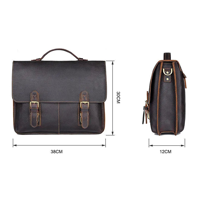 Men's retro brown leather business briefcase with adjustable shoulder strap, 38cm length, holds a 15.6-inch laptop.