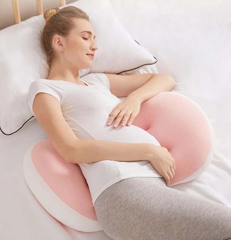 U-shape pregnancy waist pillow in pink grey, pink white, and blue white options