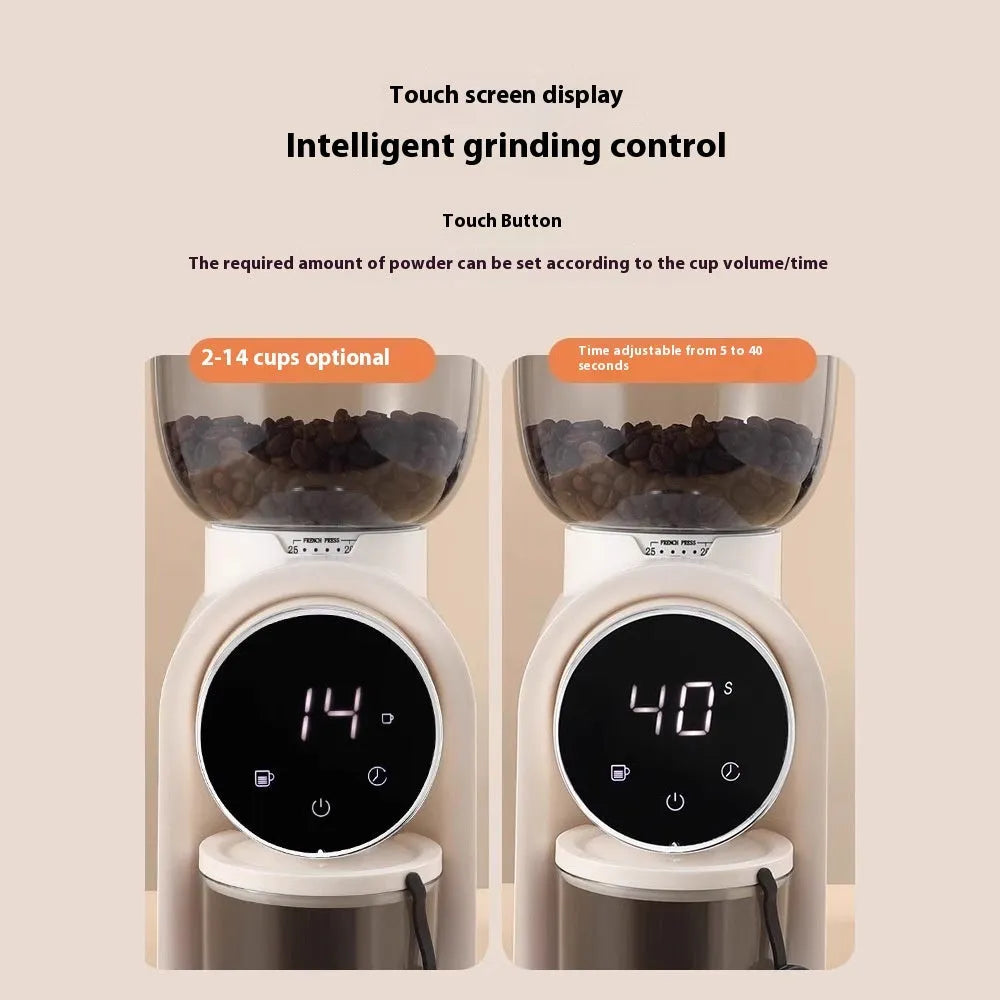 Smart electric coffee grinder with adjustable scale in black plastic body