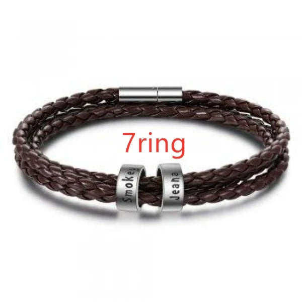 Personalized braided leather bracelet with engraved charm for men, available in black, brown, and navy colors