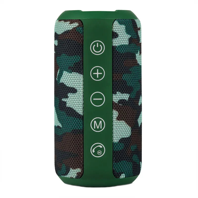 A portable waterproof outdoor Bluetooth speaker in black, shown with a mobile phone indicating wireless connectivity.