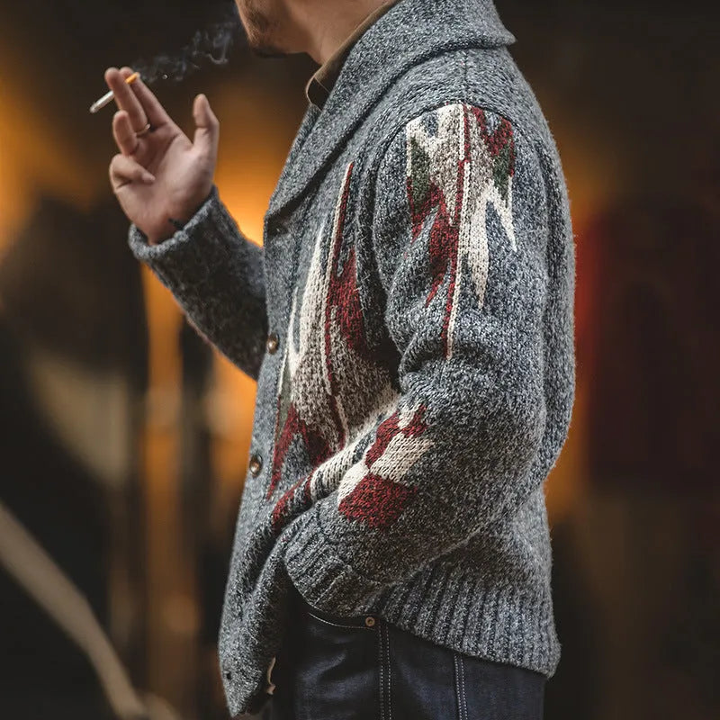 Men's lapel cardigan in dark grey, thick polyester jacket with long sleeves
